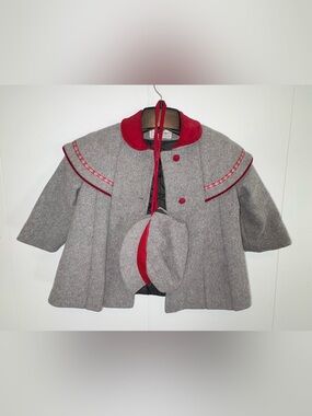 Vintage Skyline Gray Red Wool Blend Coat Hat Set 4T USA Holiday Christmas